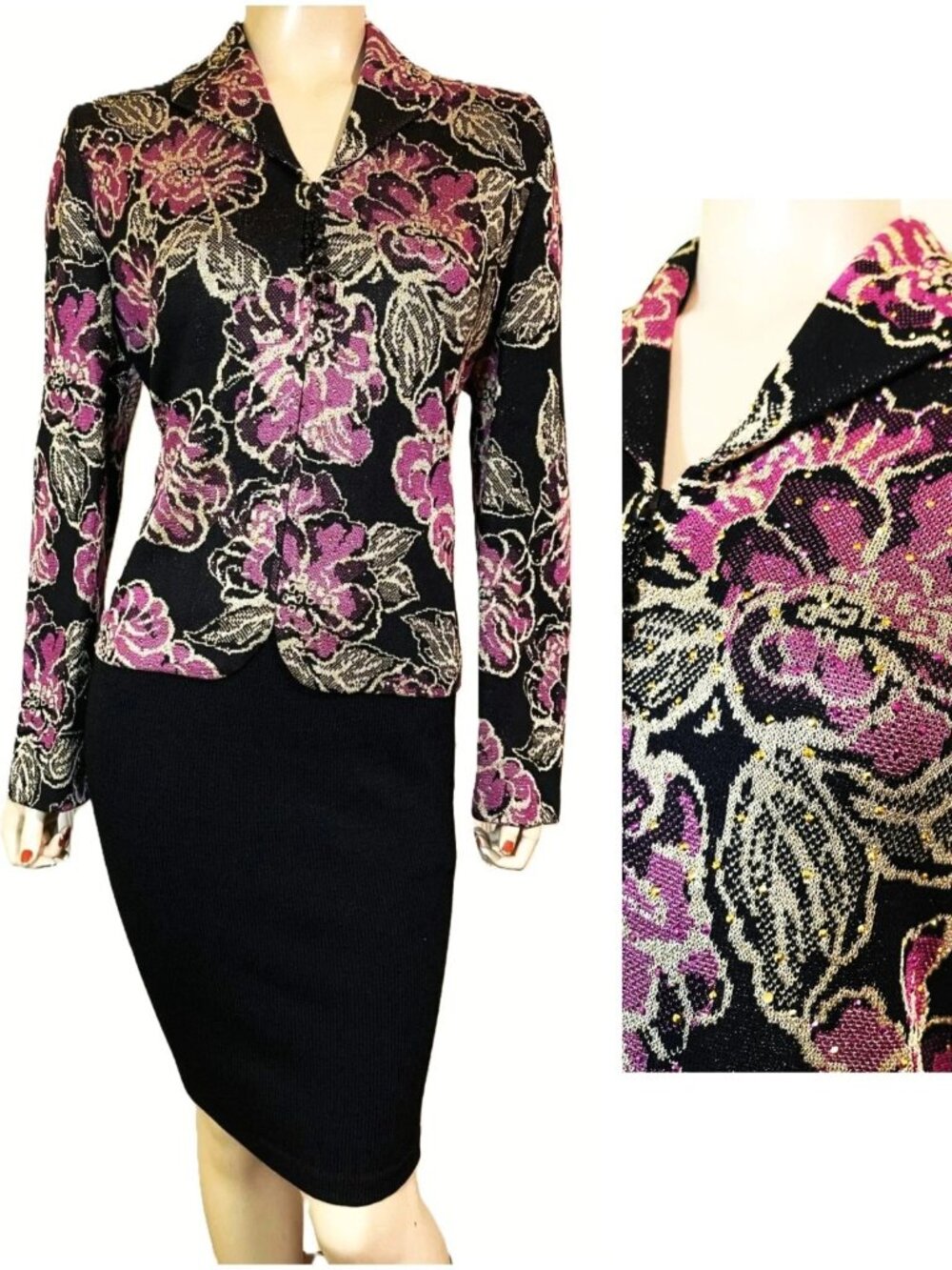 Gorgeous St John Black & Orchid Knit Skirt & Jacket Suit w Rhinestones sz 14